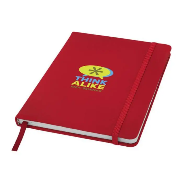 Promotional Spectrum A5 Soft Touch Notebook in red with red trim and printed logo or design