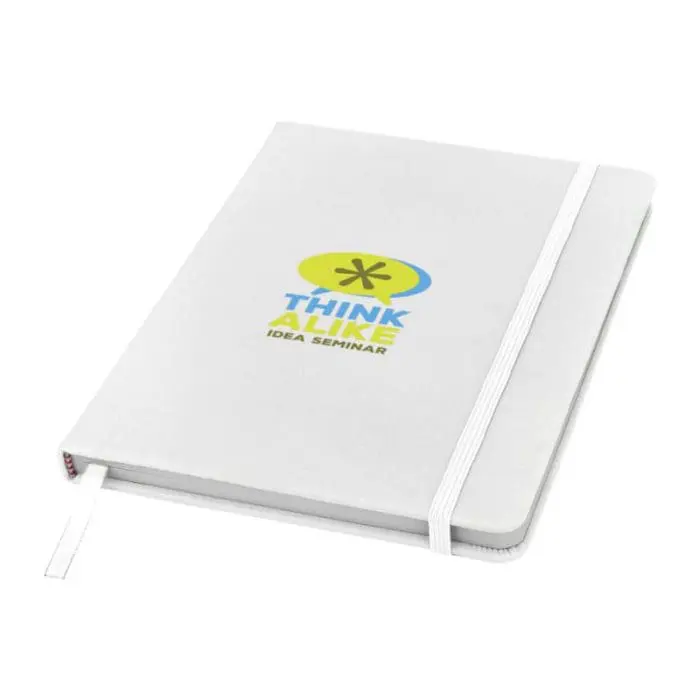 Promotional Spectrum A5 Soft Touch Notebook in white with white trim and printed logo or design