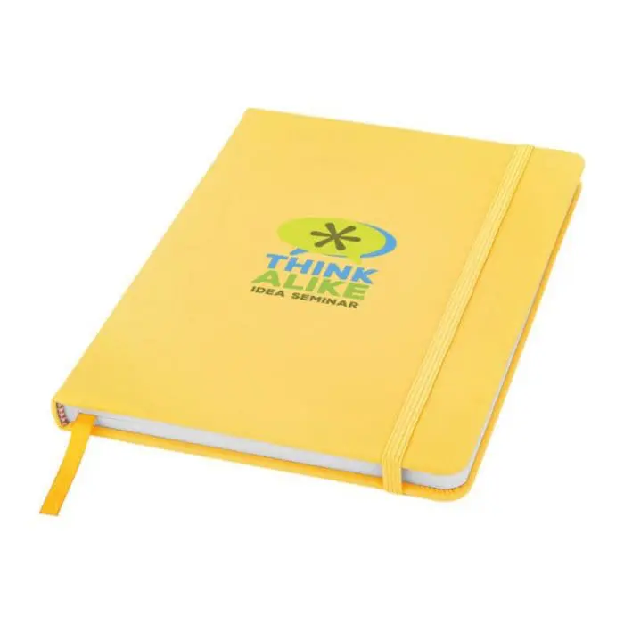 Promotional Spectrum A5 Soft Touch Notebook in yellow with yellow trim and printed logo or design