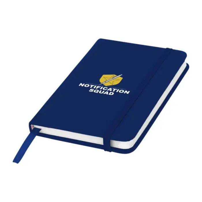 Printed Spectrum Budget A6 Notebook in navy blue with printed logo or design