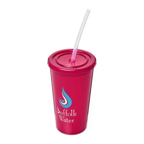 Promotional Stadium Double Walled Cup 350ml in pink with straw and printed logo or design