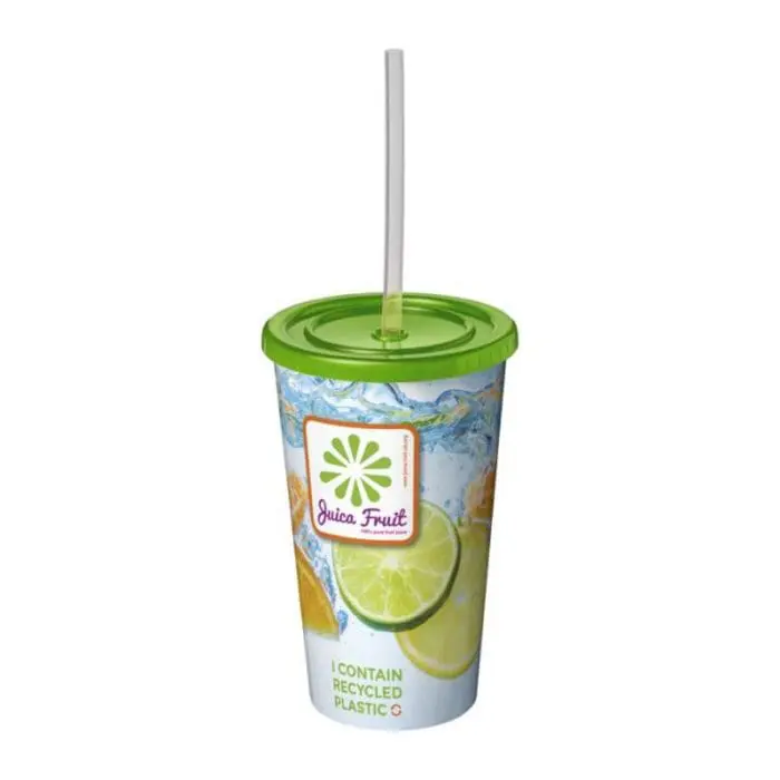 Printed Stadium Full Colour Cup 350ml with green lid, straw and printed logo or design