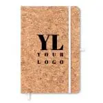 Promotional A5 Cork Notebook with Pen Loop and white elastic closure with printed logo