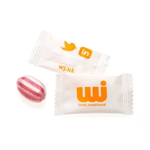 Promotional Individually Wrapped Fruit Sweets in white with printed logo or design