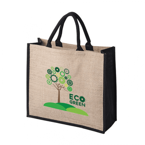 Branded Large Exhibition Jute Bag with black handles and trim with printed logo or design