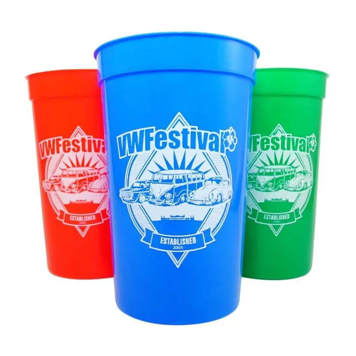 Promotional Plastic Stadium Cup 16oz in assorted colours with printed logo or design