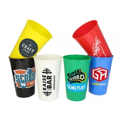 Promotional Plastic Stadium Cup 16oz in assorted colours with printed logo or design