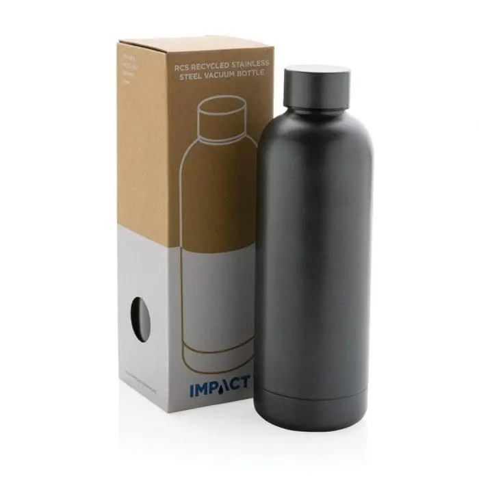 Branded Recycled Impact Steel Vacuum Bottle 500ml in black with printed logo or design and supplied in cardboard box