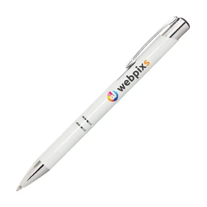 Promotional Crosby Shiny Pen in white and silver with printed logo or design