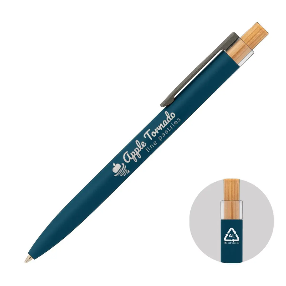 Promotional Reborn Recycled Aluminium Pen in navy blue with printed logo or design