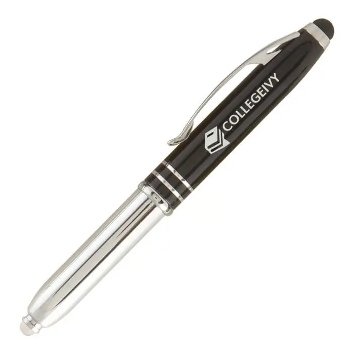 Branded Shiny Torch Stylus Pen in black and silver with printed logo or design