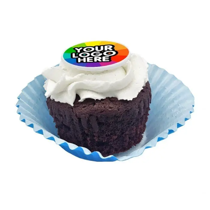 Branded Logo Chocolate Frosted Cupcakes in coloured paper case with printed logo or design