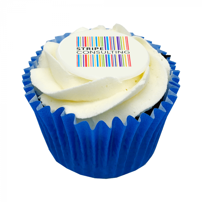 Printed Logo Chocolate Frosted cupcakes in coloured paper case with printed logo or design