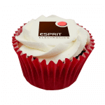 Printed Logo Chocolate Frosted cupcakes in coloured paper case with printed logo or design