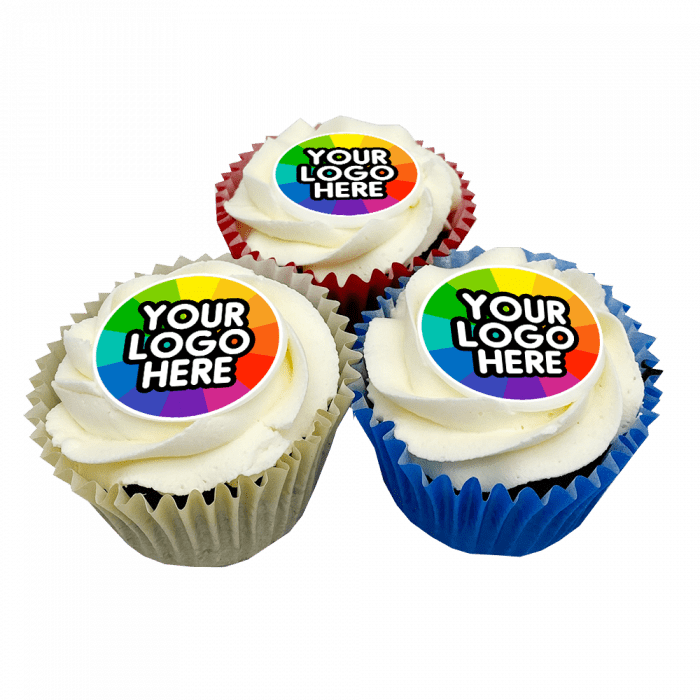 Branded Logo Frosted Cupcakes in coloured paper case and printed with logo or design