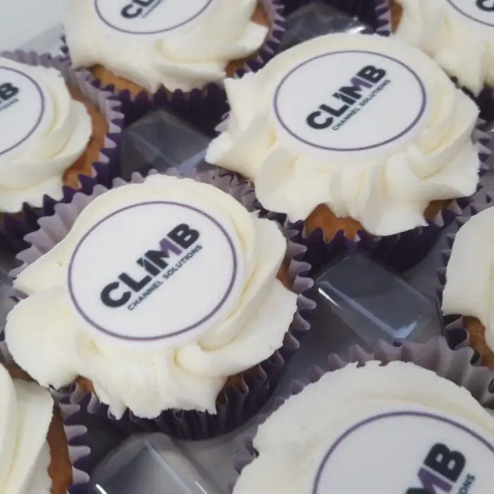 Branded Logo Frosted Cupcakes in coloured paper case and printed with logo or design