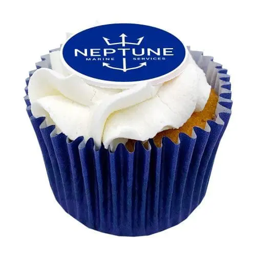 Printed Logo Frosted Cupcakes in navy blue paper case and printed with logo or design