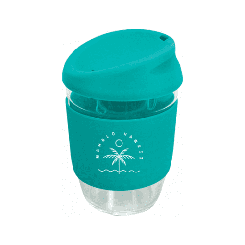 Branded Kiato Cup with Silicone Band 350ml with matching aqua lid and printed logo or design