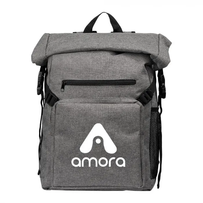 Branded Metropolis Backpack with roll top and printed logo and design