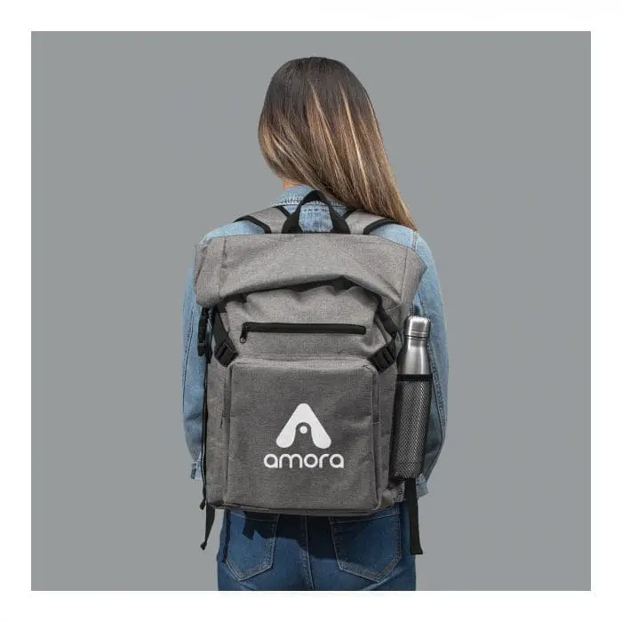 Promotional Metropolis Backpack with roll top and printed logo and design