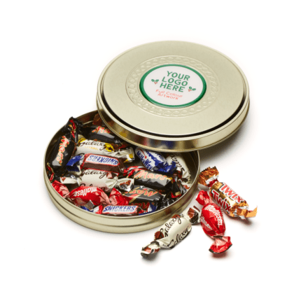 Promotional Shallow Gold Treat Tin Celebrations with printed logo or design