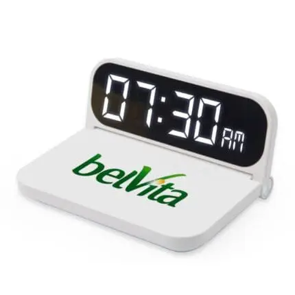 Promotional Wireless Charging Digital Clock 10W with printed logo or design