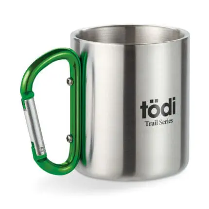 Printed Trumbo Carabiner Steel Mug 220ml with green handle and printed logo or design