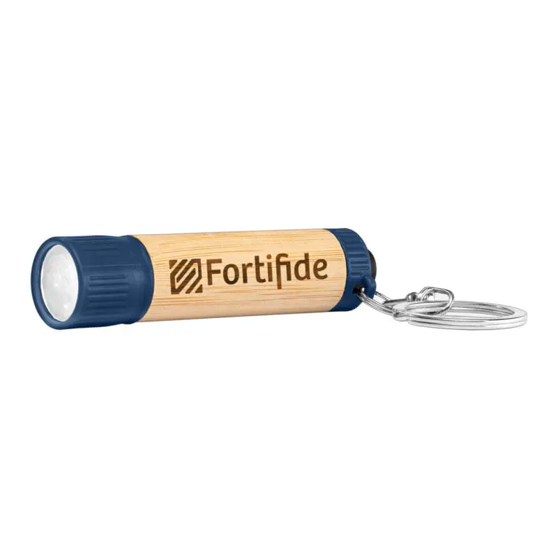 Branded Bamboo LED Torch with Keyring in blue with printed logo or design