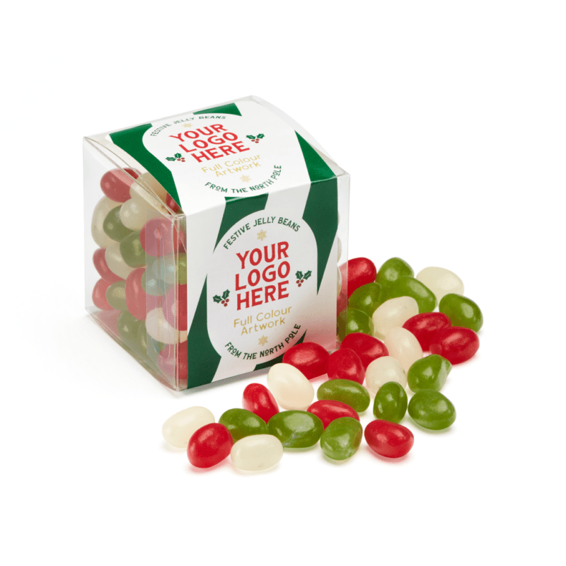 Promotional Clear Cube Festive Jelly Beans with printed logo or design