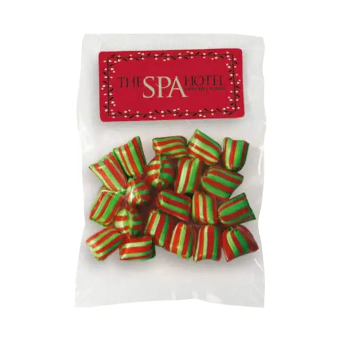 Promotional Treat Bag of Green and Red Humbugs with printed logo or design