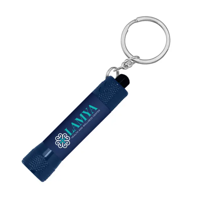 Promotional Monochrome 3 LED Soft-Touch Keyring Torch in navy blue with printed logo or design