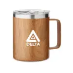 Promotional Wood Effect Double Wall Travel Mug with printed logo or design