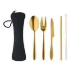 Branded Steel Portable Cutlery Set in silver or gold printed with logo or design and neoprene bag