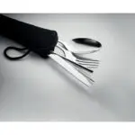 Branded Steel Portable Cutlery Set in silver or gold printed with logo or design and neoprene bag