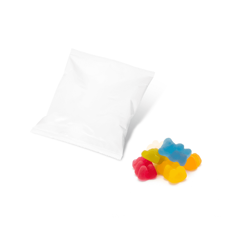 Branded flow bag with vegan bears sweets and printed logo