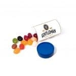 Promotional mini tube with blue lid filled with jelly beans sweets and printed logo