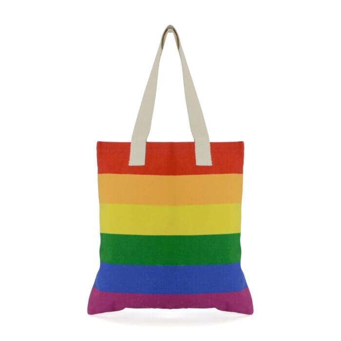 Branded Rainbow colours cotton shopper bag with white handles and printed logo