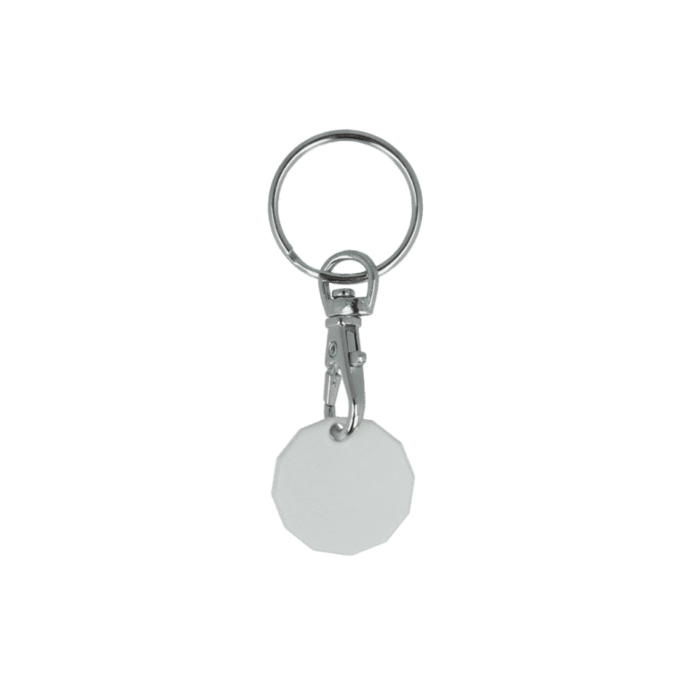 Promotional recycled trolley coin keyring in white with printed logo