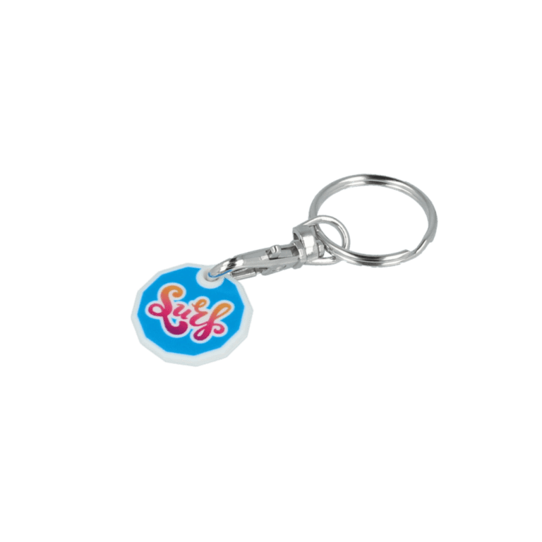 Promotional recycled trolley coin keyring with printed logo