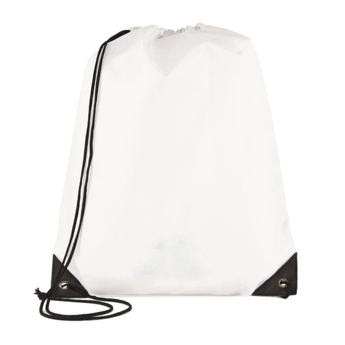 Personalised Pegasus polyester drawstring bag in white with printed logo