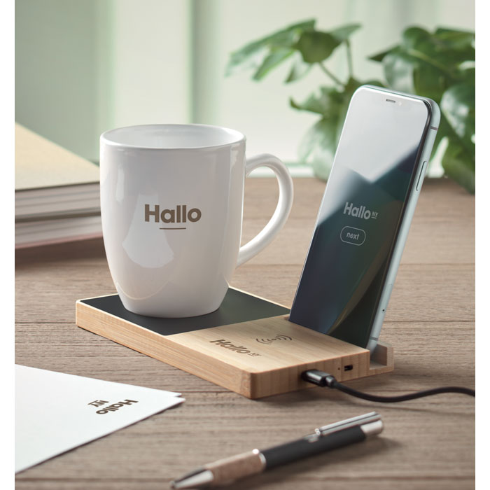 bamboo phone stand with mug warmer 5