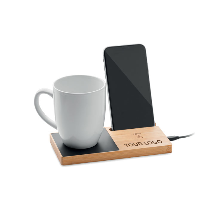 bamboo phone stand with mug warmer